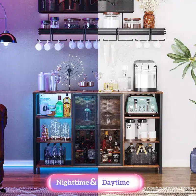 Meuble Bar à Vin avec Lumières LED RGB, Station de Recharge et Porte-Verres, Marron