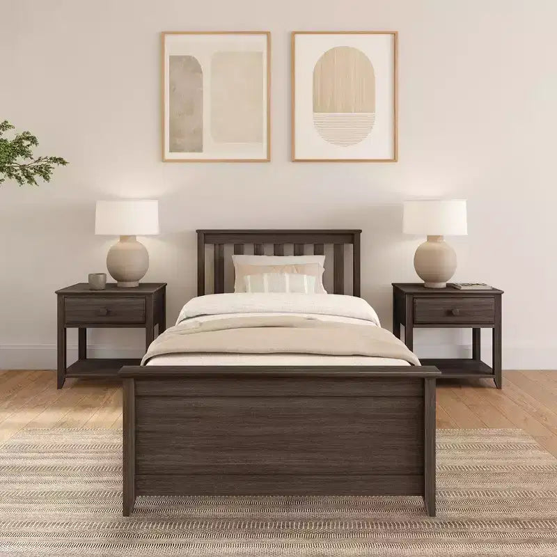 Solid Wood Twin Platform Bed Frame with Slatted Headboard, 400 lb Capacity