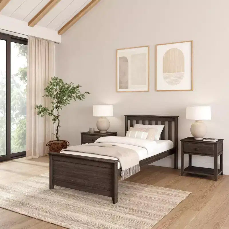 Solid Wood Twin Platform Bed Frame with Slatted Headboard, 400 lb Capacity