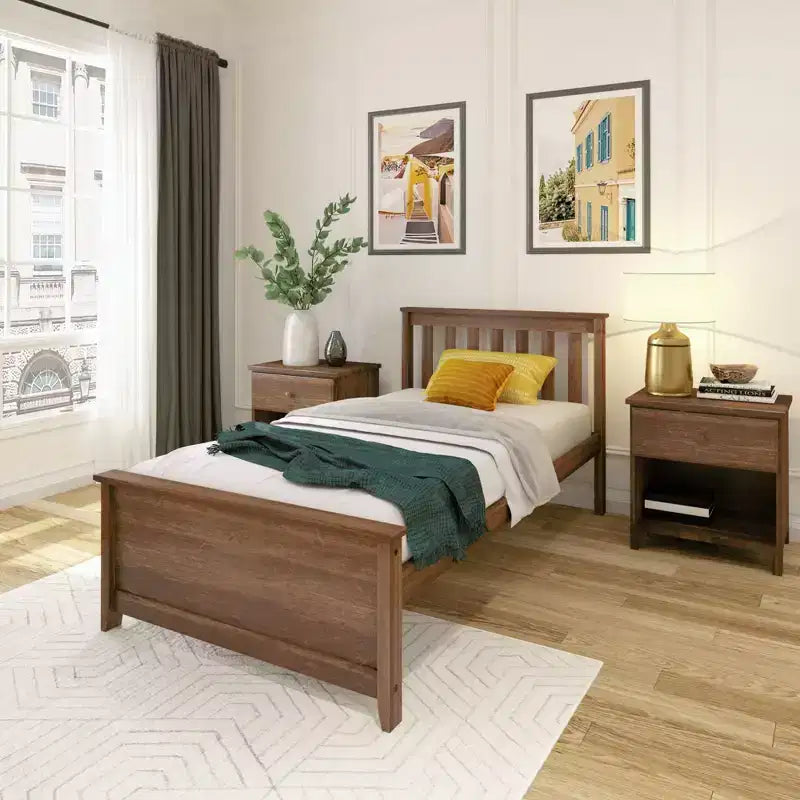 Solid Wood Twin Platform Bed Frame with Slatted Headboard, 400 lb Capacity