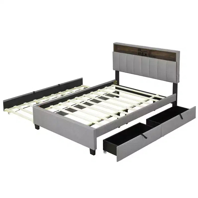 Lit plateforme rembourré Full/Queen avec tête de lit de rangement, lit gigogne simple et 2 tiroirs