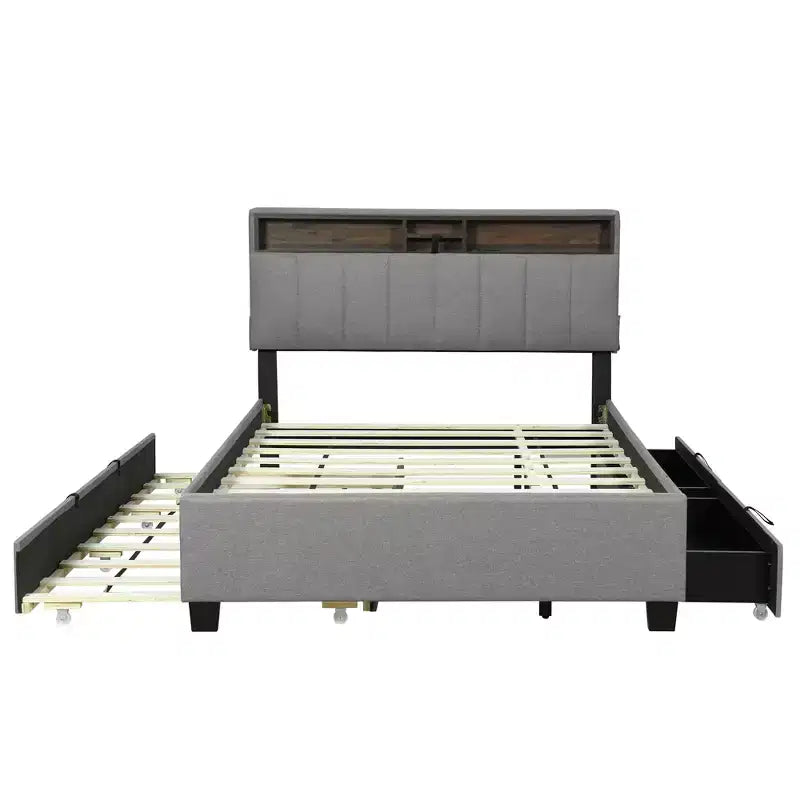 Lit plateforme rembourré Full/Queen avec tête de lit de rangement, lit gigogne simple et 2 tiroirs