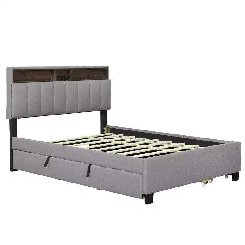 Lit plateforme rembourré Full/Queen avec tête de lit de rangement, lit gigogne simple et 2 tiroirs