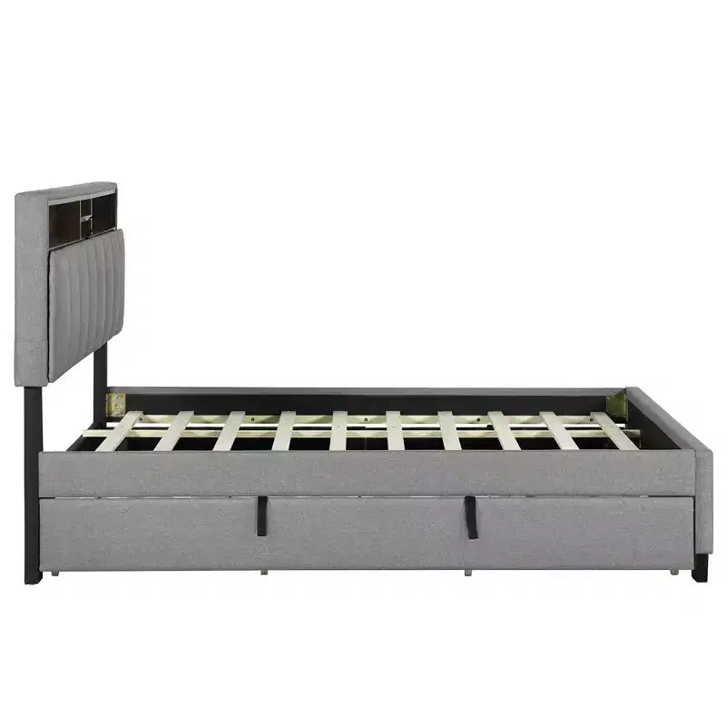 Lit plateforme rembourré Full/Queen avec tête de lit de rangement, lit gigogne simple et 2 tiroirs