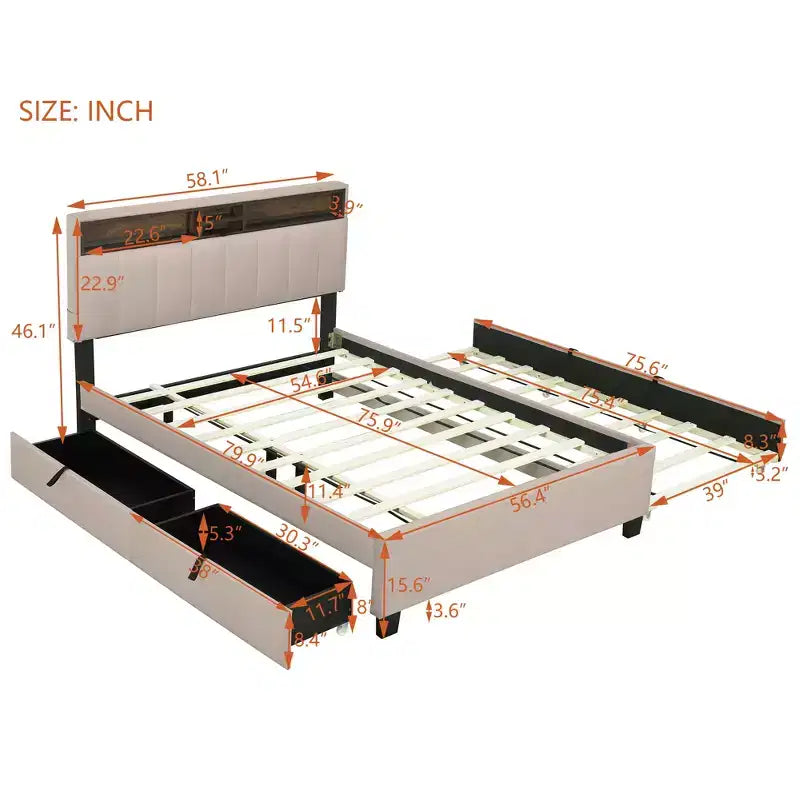 Full/Queen Upholstered Platform Bed with Storage Headboard, Twin Trundle & 2 Drawers