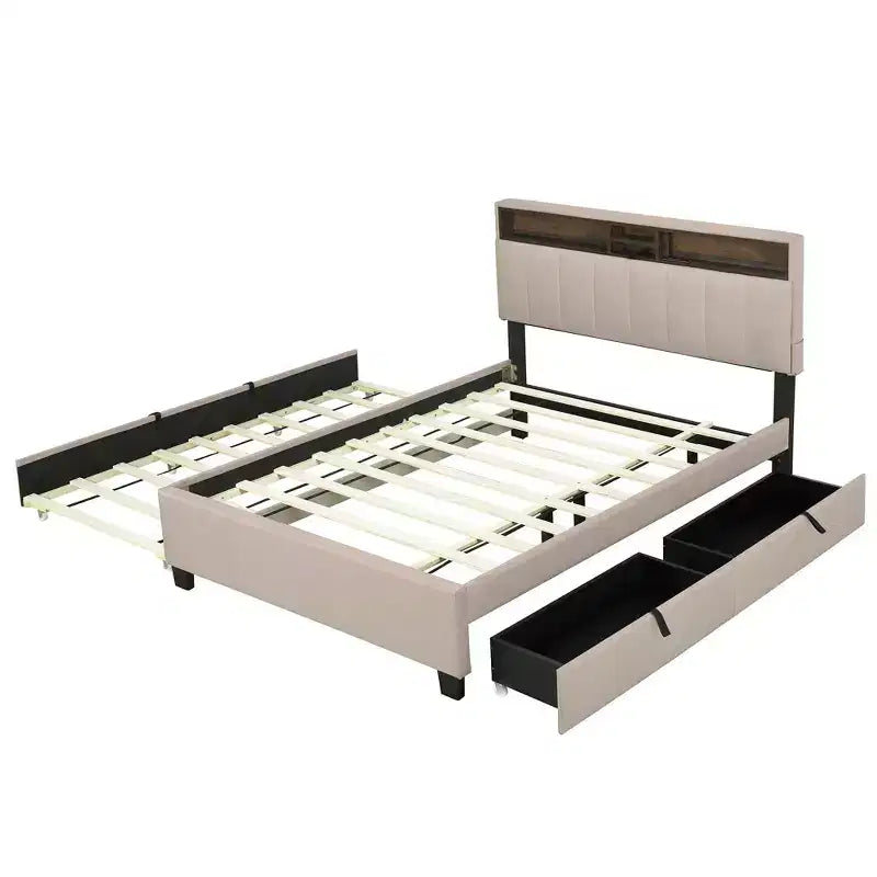 Lit plateforme rembourré Full/Queen avec tête de lit de rangement, lit gigogne simple et 2 tiroirs
