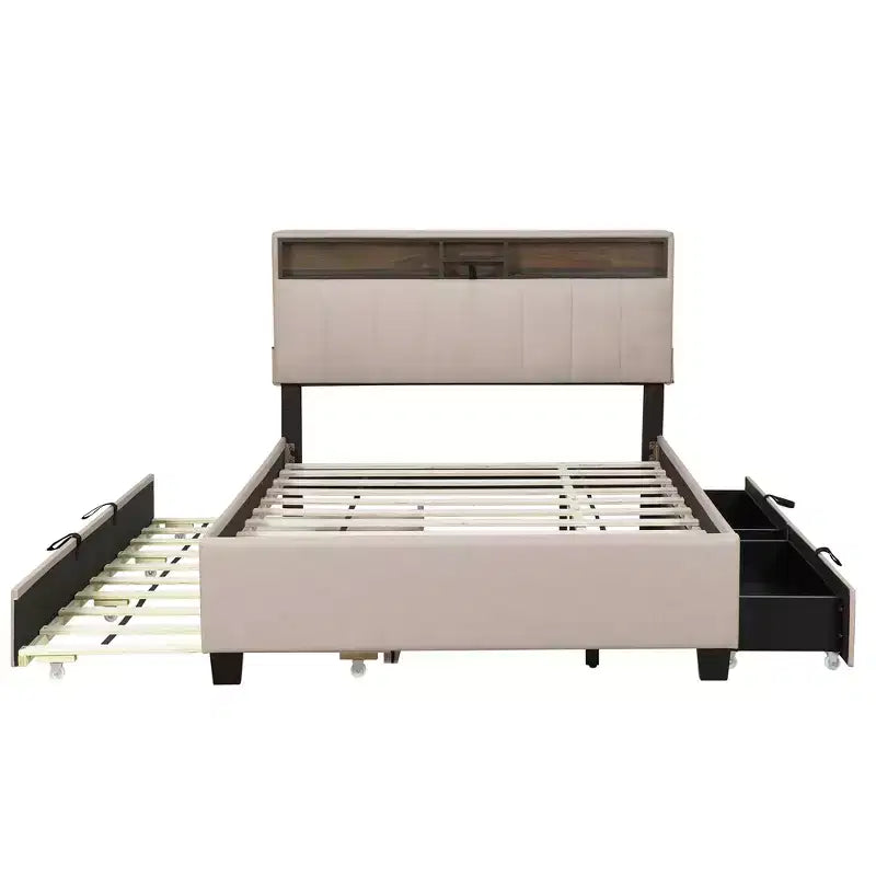 Full/Queen Upholstered Platform Bed with Storage Headboard, Twin Trundle & 2 Drawers