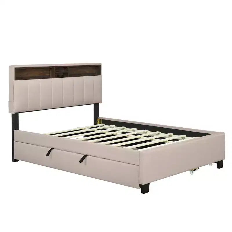 Lit plateforme rembourré Full/Queen avec tête de lit de rangement, lit gigogne simple et 2 tiroirs