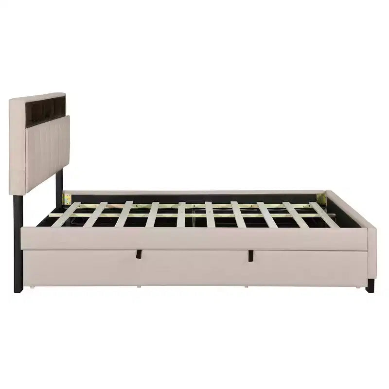 Lit plateforme rembourré Full/Queen avec tête de lit de rangement, lit gigogne simple et 2 tiroirs