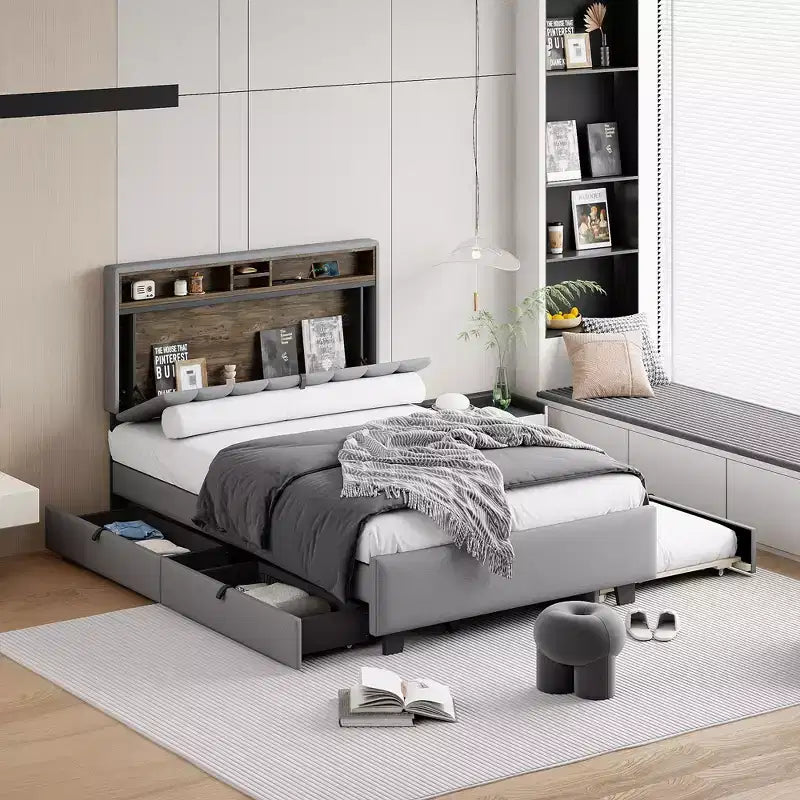 Full/Queen Upholstered Platform Bed with Storage Headboard, Twin Trundle & 2 Drawers