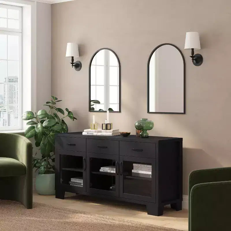 Bahut à 3 tiroirs en bois composite avec portes en verre trempé