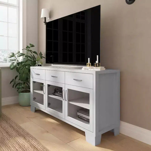 Merrick Lane Three-Drawer Engineered Wood Buffet Sideboard Cabinet with Three Tempered Glass Cabinet Doors for Dining Room/Kitchen