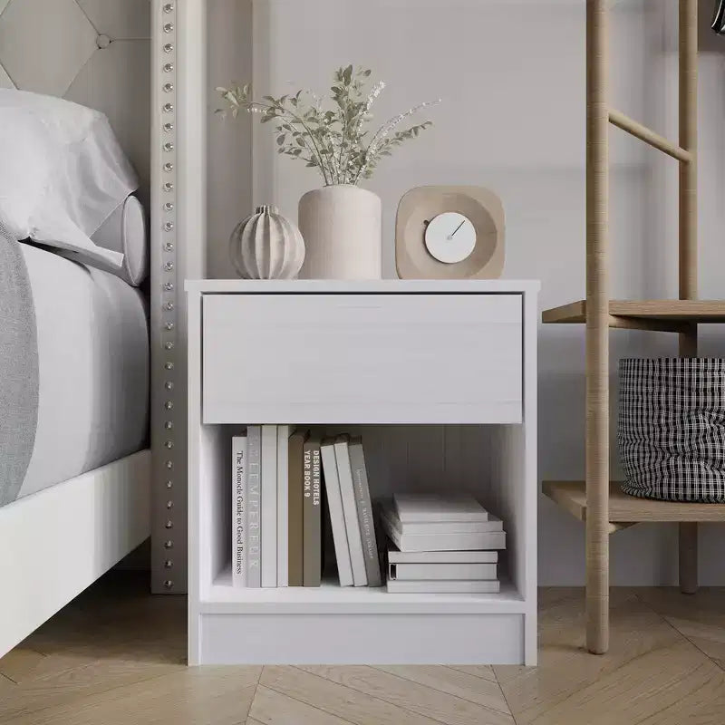 Table de chevet en bois à 1 tiroir avec étagère ouverte, table d'appoint de chambre style moderne du milieu du siècle