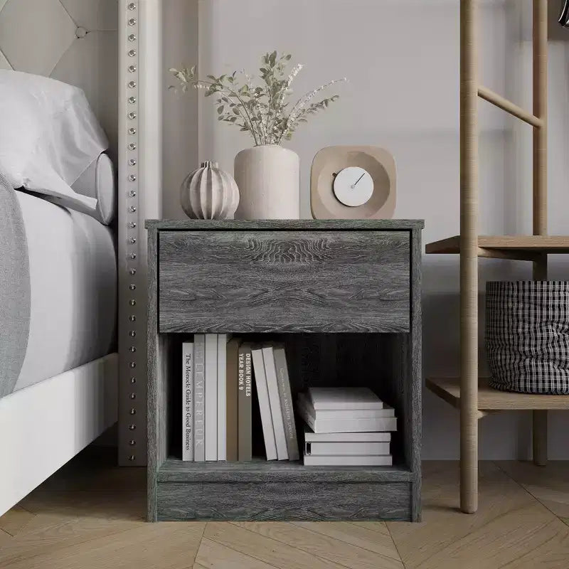 Table de chevet en bois à 1 tiroir avec étagère ouverte, table d'appoint de chambre style moderne du milieu du siècle