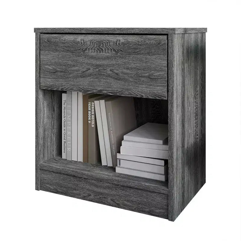 1-Drawer Wood Nightstand with Open Shelf, Mid-Century Modern Bedroom Side Table
