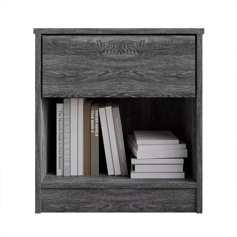 1-Drawer Wood Nightstand with Open Shelf, Mid-Century Modern Bedroom Side Table