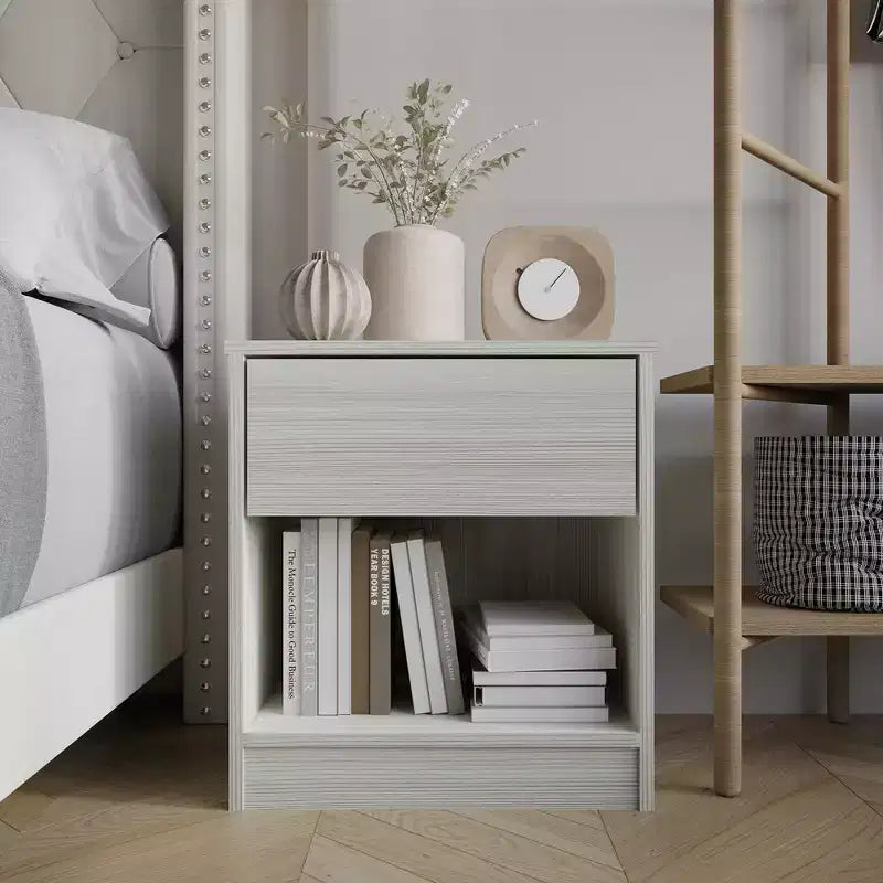 Table de chevet en bois à 1 tiroir avec étagère ouverte, table d'appoint de chambre style moderne du milieu du siècle
