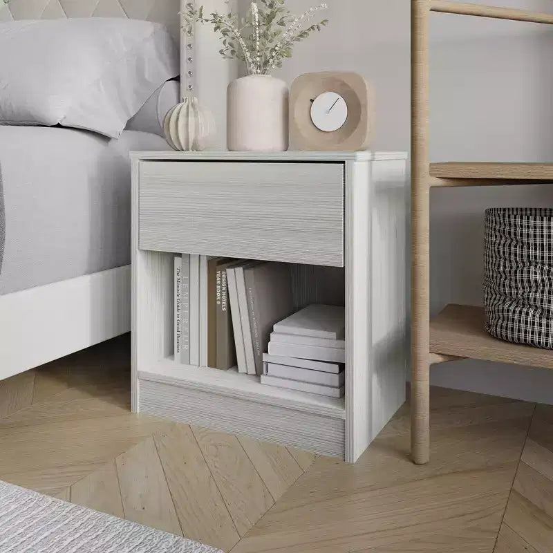 1-Drawer Wood Nightstand with Open Shelf, Mid-Century Modern Bedroom Side Table