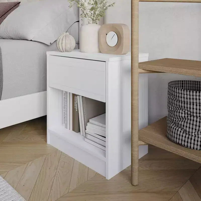 1-Drawer Wood Nightstand with Open Shelf, Mid-Century Modern Bedroom Side Table