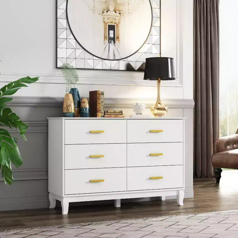 Commode double à 6 tiroirs, noire avec poignées dorées, 120 cm de large