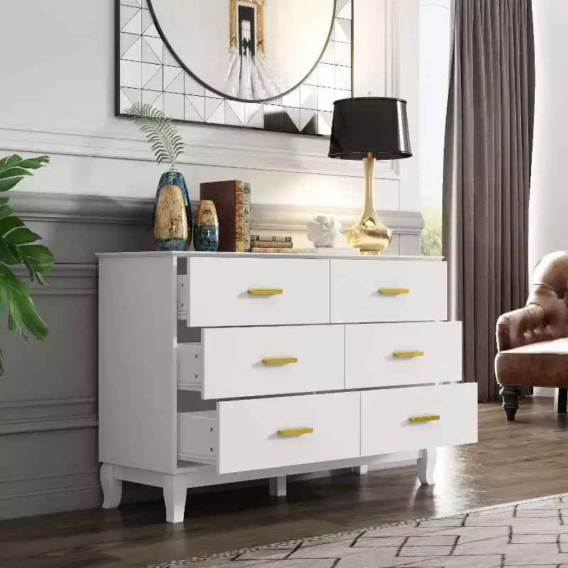 Commode double à 6 tiroirs, noire avec poignées dorées, 120 cm de large