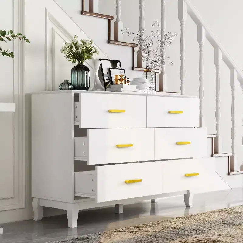 Commode double à 6 tiroirs, noire avec poignées dorées, 120 cm de large