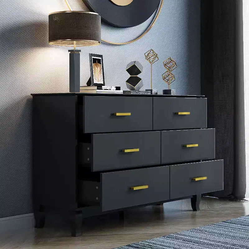 Commode double à 6 tiroirs, noire avec poignées dorées, 120 cm de large