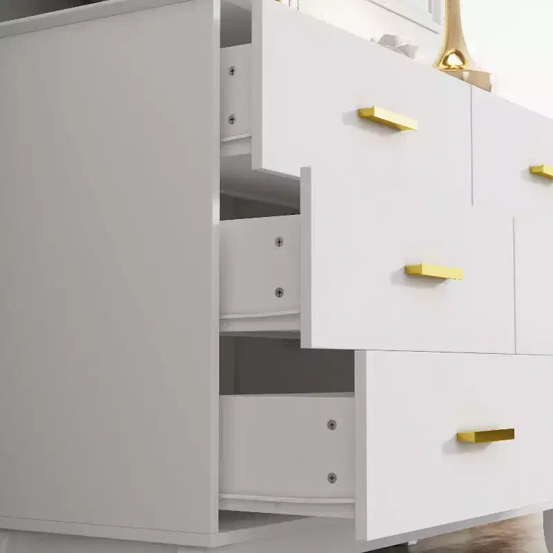 Commode double à 6 tiroirs, noire avec poignées dorées, 120 cm de large