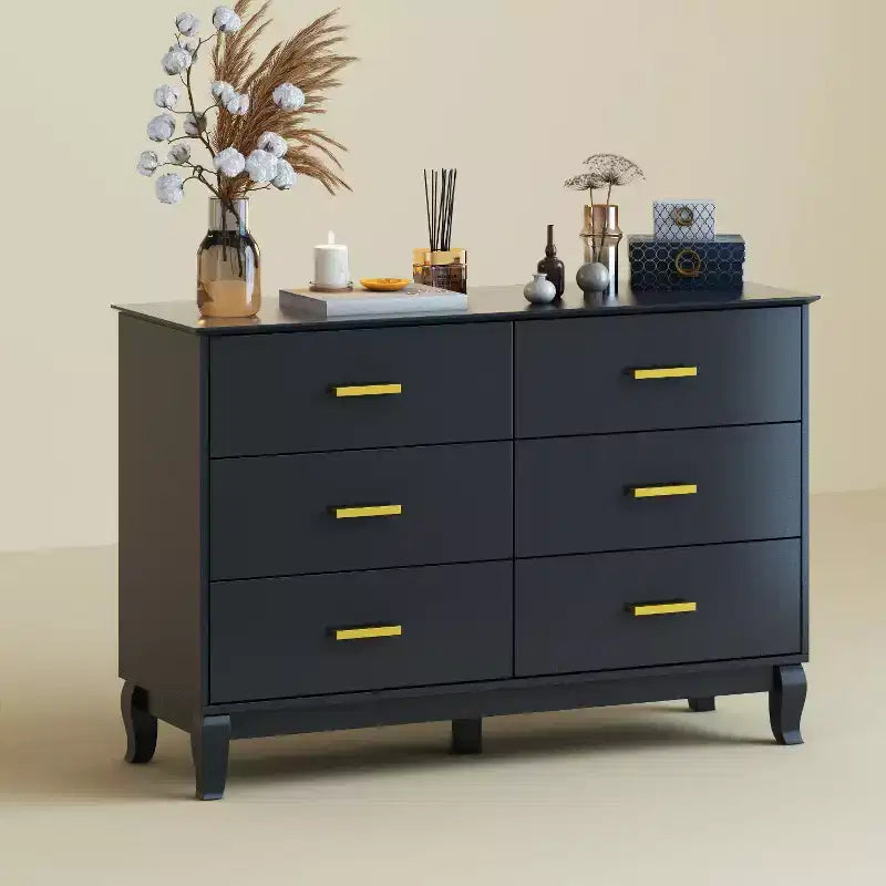 6-Drawer Double Dresser Chest of Drawers, Black with Gold Handles, 47in Wide