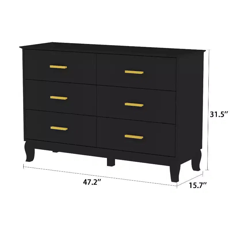 6-Drawer Double Dresser Chest of Drawers, Black with Gold Handles, 47in Wide