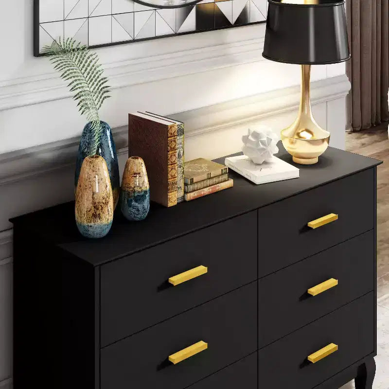 6-Drawer Double Dresser Chest of Drawers, Black with Gold Handles, 47in Wide