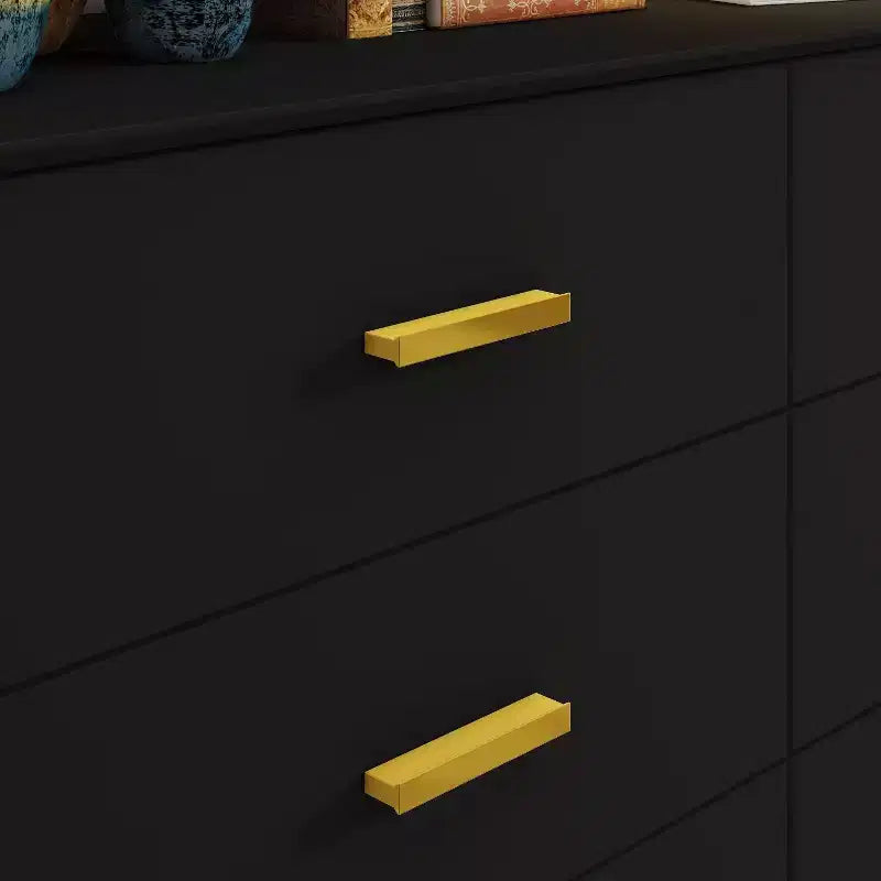 Commode double à 6 tiroirs, noire avec poignées dorées, 120 cm de large