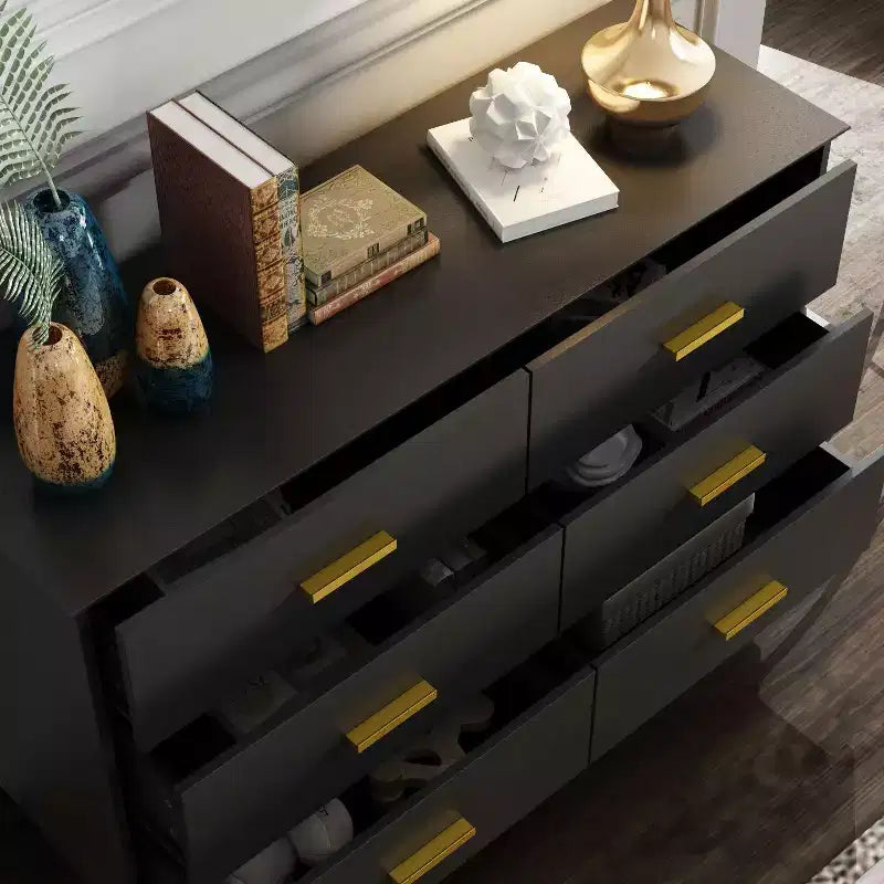 Commode double à 6 tiroirs, noire avec poignées dorées, 120 cm de large