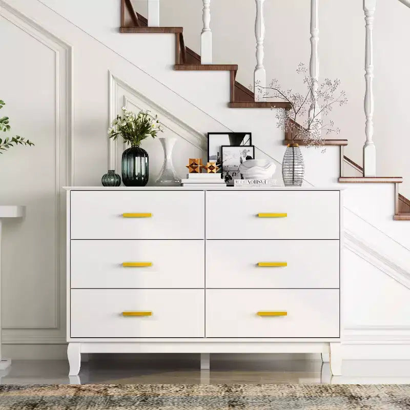 6-Drawer Double Dresser Chest of Drawers, Black with Gold Handles, 47in Wide