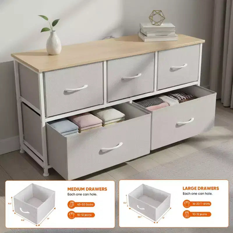 Commode à 5 tiroirs en tissu, table de chevet avec structure métallique