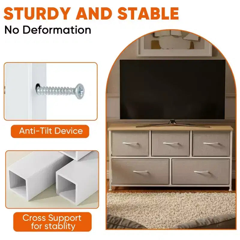 Commode à 5 tiroirs en tissu, table de chevet avec structure métallique