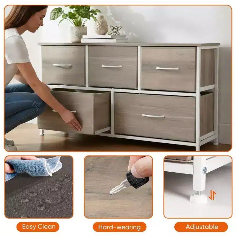 Commode à 5 tiroirs en tissu, table de chevet avec structure métallique