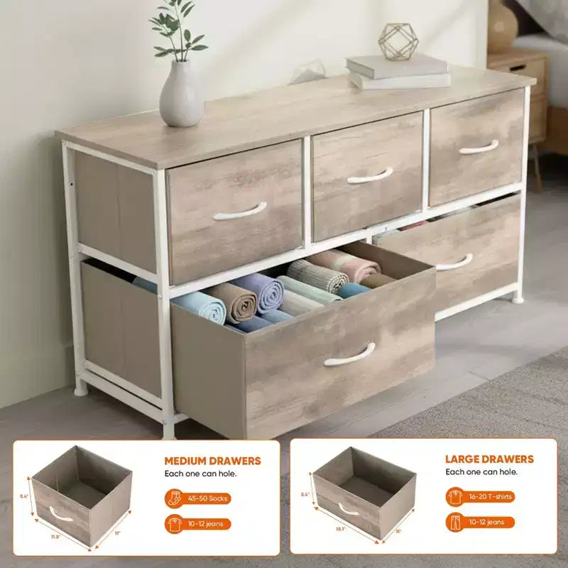 Commode à 5 tiroirs en tissu, table de chevet avec structure métallique