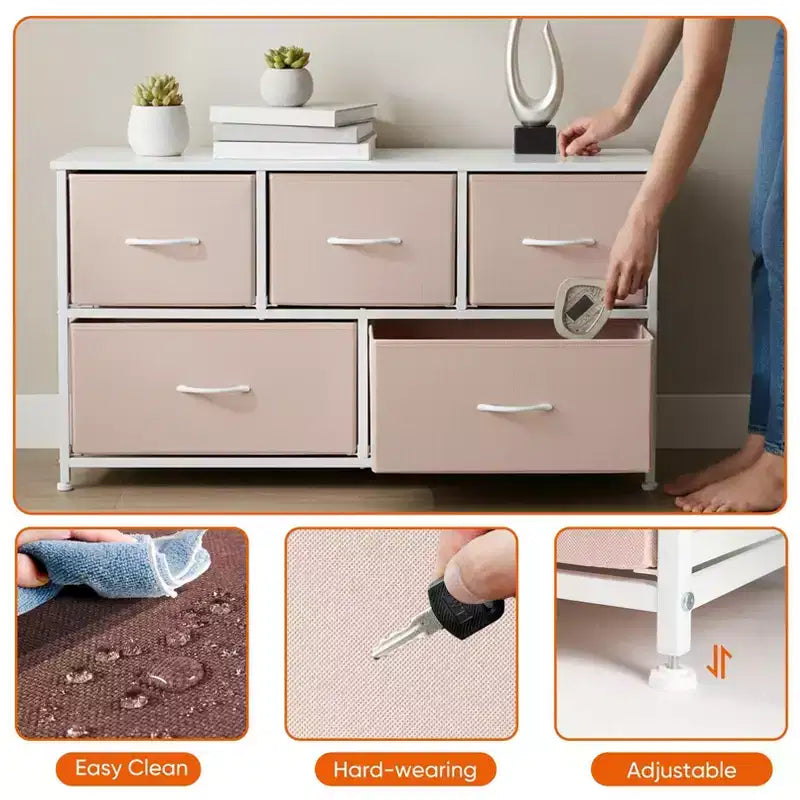 Commode à 5 tiroirs en tissu, table de chevet avec structure métallique