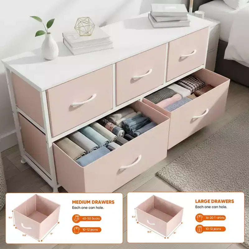 Commode à 5 tiroirs en tissu, table de chevet avec structure métallique