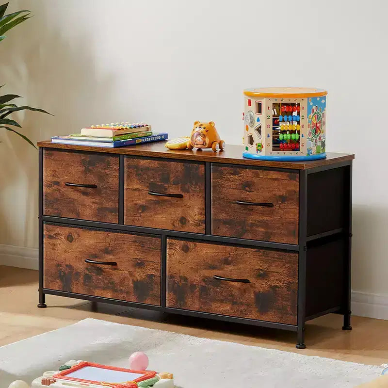 Commode à 5 tiroirs en tissu, table de chevet avec structure métallique