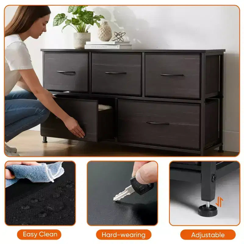Commode à 5 tiroirs en tissu, table de chevet avec structure métallique