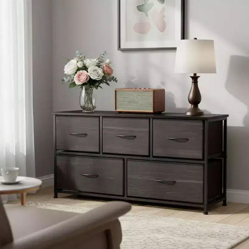 5-Drawer Fabric Dresser Storage Unit Side Table with Metal Frame