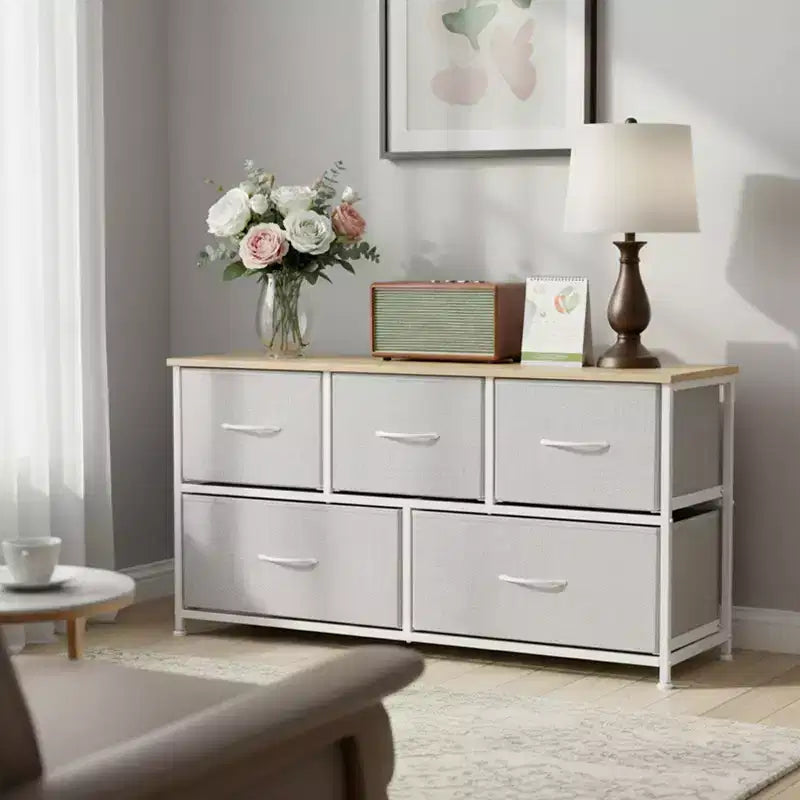5-Drawer Fabric Dresser Storage Unit Side Table with Metal Frame
