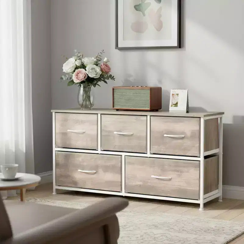 5-Drawer Fabric Dresser Storage Unit Side Table with Metal Frame