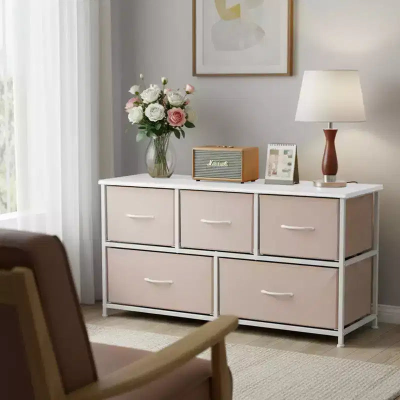 5-Drawer Fabric Dresser Storage Unit Side Table with Metal Frame