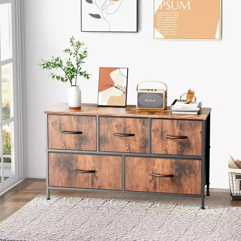 5-Drawer Fabric Dresser Storage Unit Side Table with Metal Frame